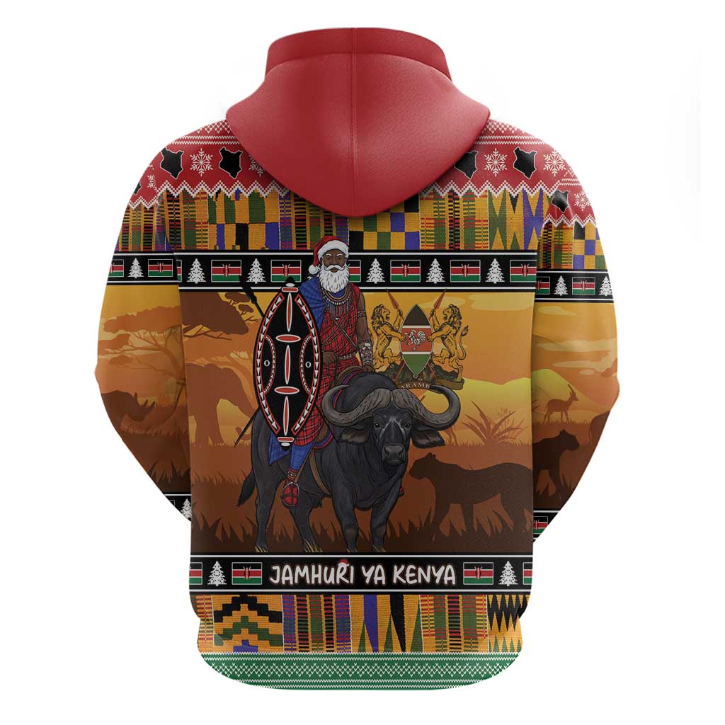 Kenya Safari Christmas Hoodie Black Santa Riding Cape Buffalo - Heri ya Krismasi LT15