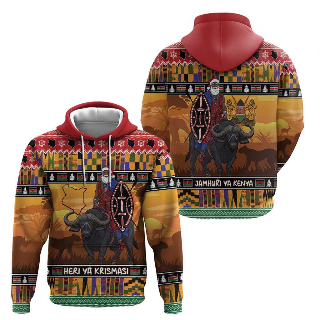 Kenya Safari Christmas Hoodie Black Santa Riding Cape Buffalo - Heri ya Krismasi LT15