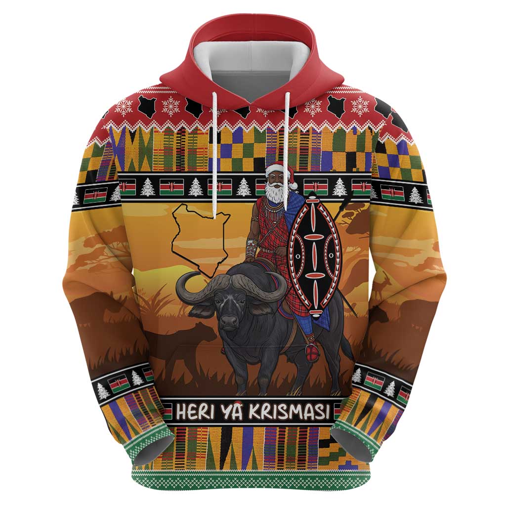 Kenya Safari Christmas Hoodie Black Santa Riding Cape Buffalo - Heri ya Krismasi LT15