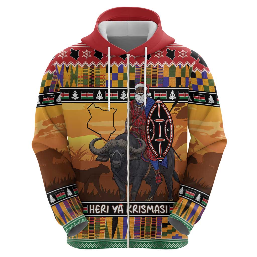 Kenya Safari Christmas Hoodie Black Santa Riding Cape Buffalo - Heri ya Krismasi LT15