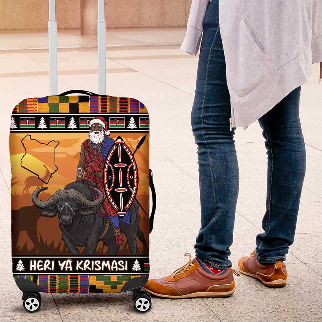 Kenya Safari Christmas Luggage Cover Black Santa Riding Cape Buffalo - Heri ya Krismasi LT15