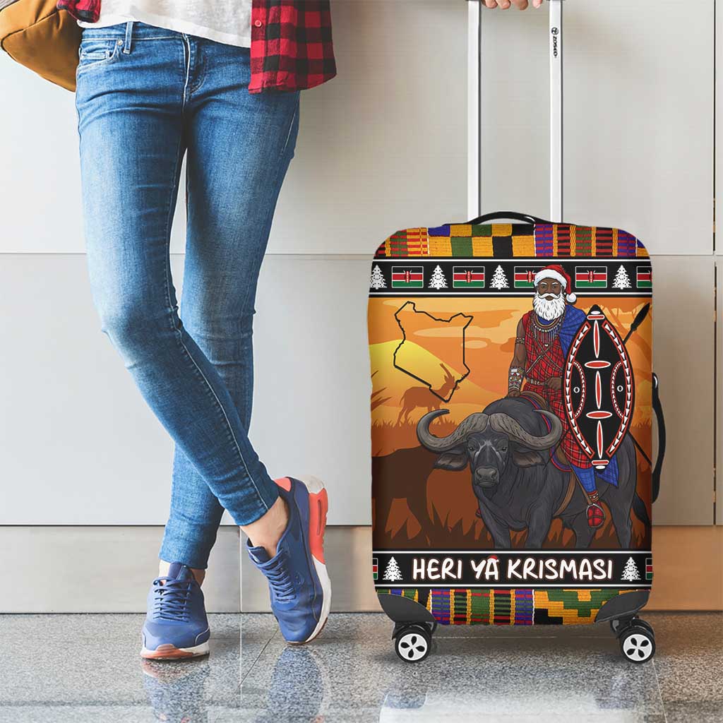 Kenya Safari Christmas Luggage Cover Black Santa Riding Cape Buffalo - Heri ya Krismasi LT15