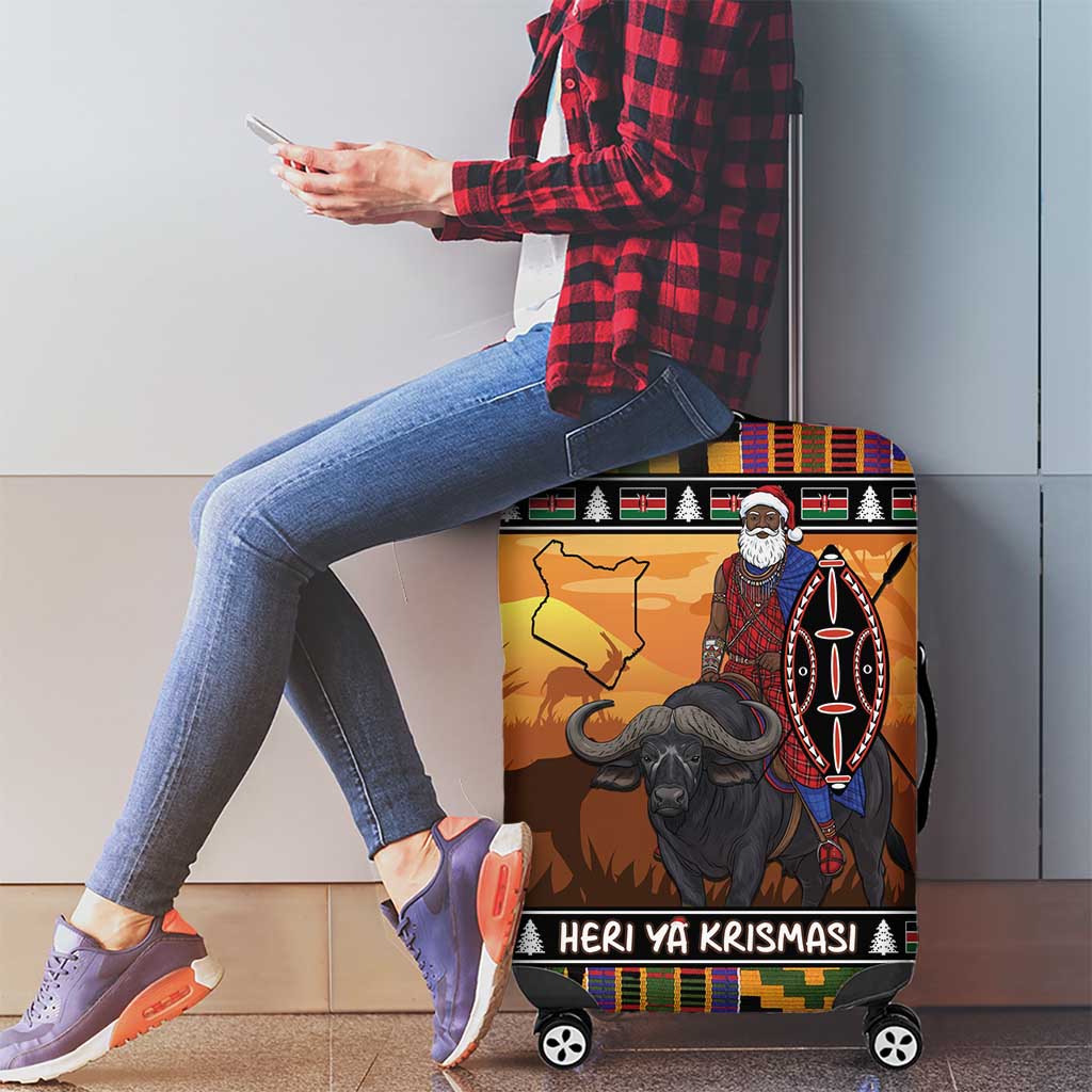 Kenya Safari Christmas Luggage Cover Black Santa Riding Cape Buffalo - Heri ya Krismasi LT15