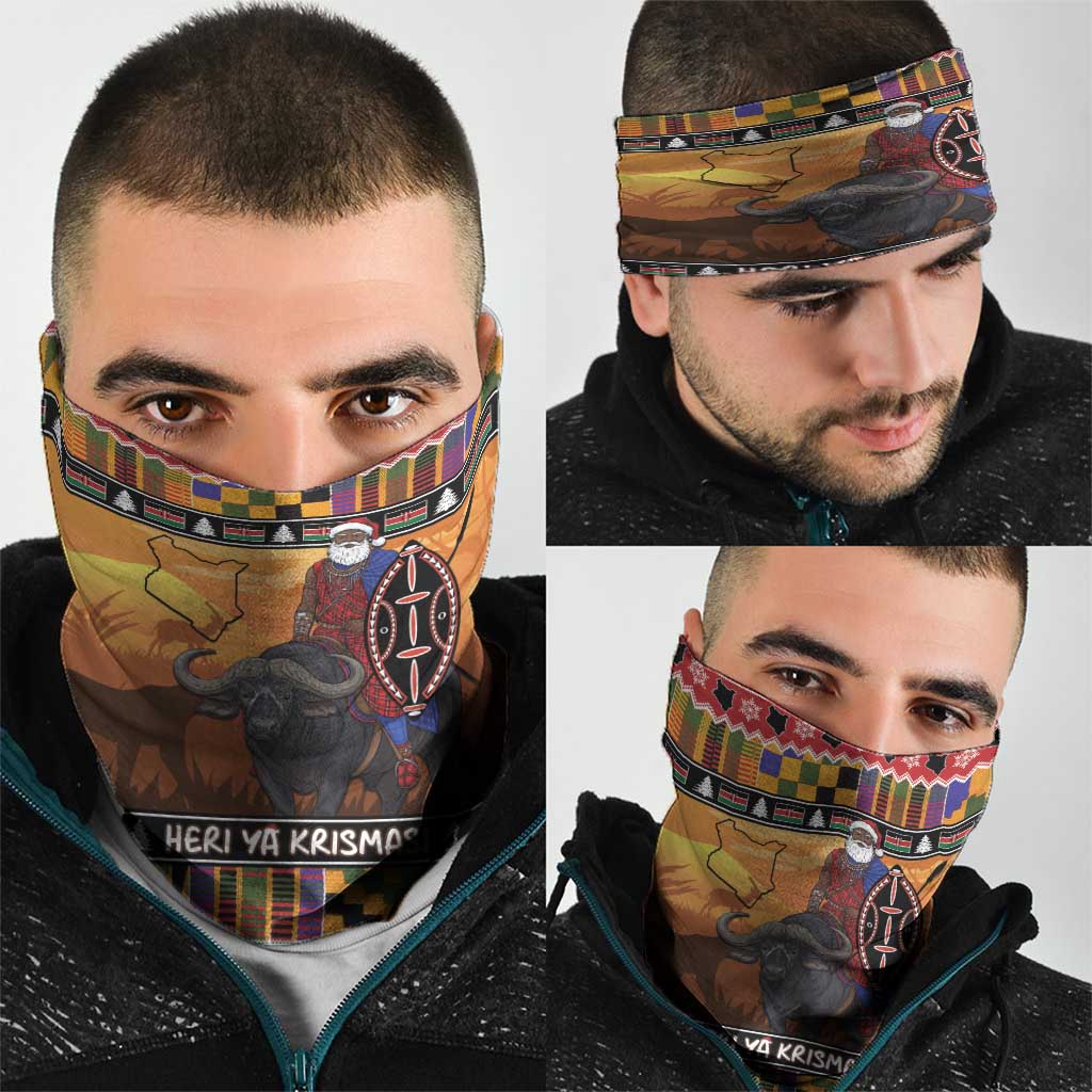 Kenya Safari Christmas Neck Gaiter Black Santa Riding Cape Buffalo - Heri ya Krismasi LT15