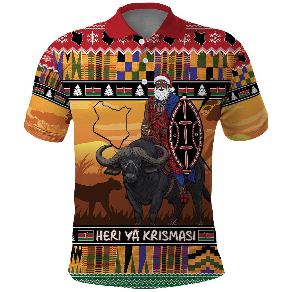 Kenya Safari Christmas Polo Shirt Black Santa Riding Cape Buffalo - Heri ya Krismasi LT15