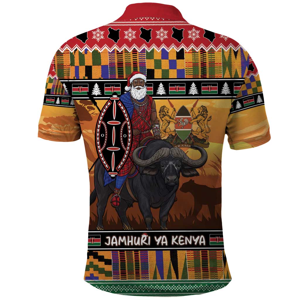 Kenya Safari Christmas Polo Shirt Black Santa Riding Cape Buffalo - Heri ya Krismasi LT15