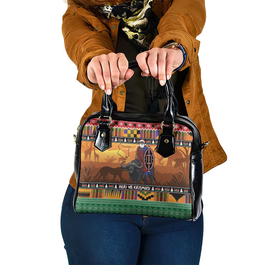Kenya Safari Christmas Shoulder Handbag Black Santa Riding Cape Buffalo - Heri ya Krismasi LT15