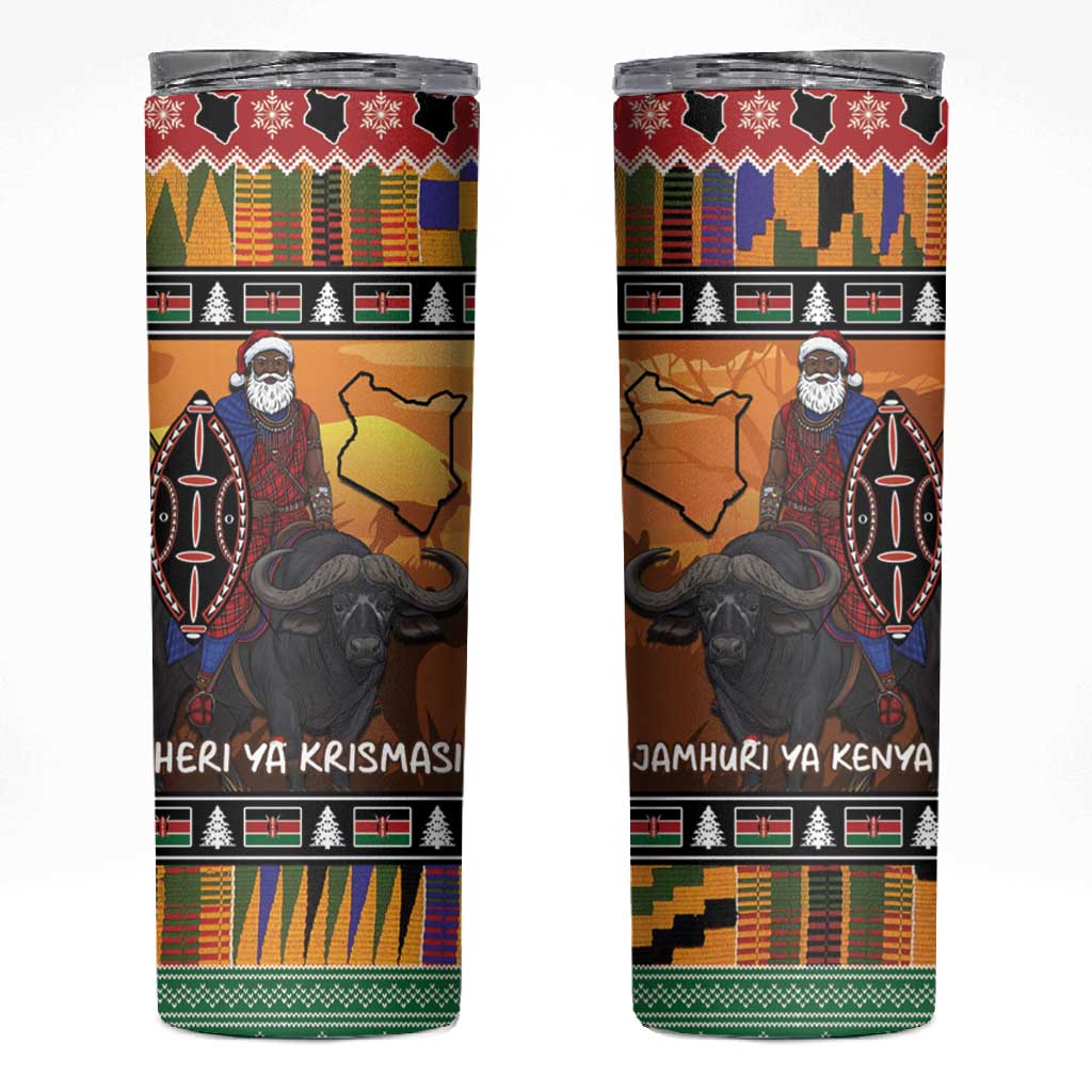 Afro Christmas in Kenya Safari Skinny Tumbler Black Santa Riding Cape Buffalo LT15