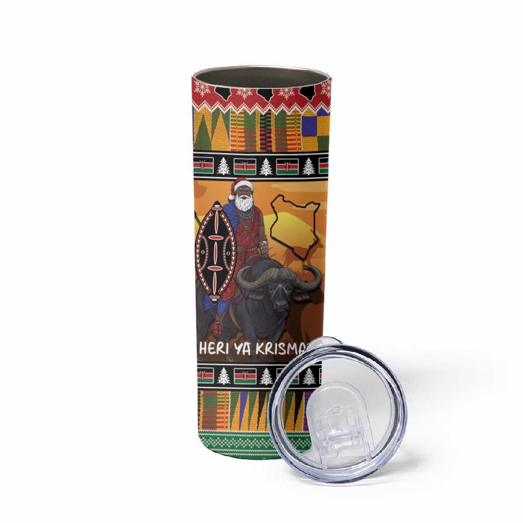 Afro Christmas in Kenya Safari Skinny Tumbler Black Santa Riding Cape Buffalo LT15
