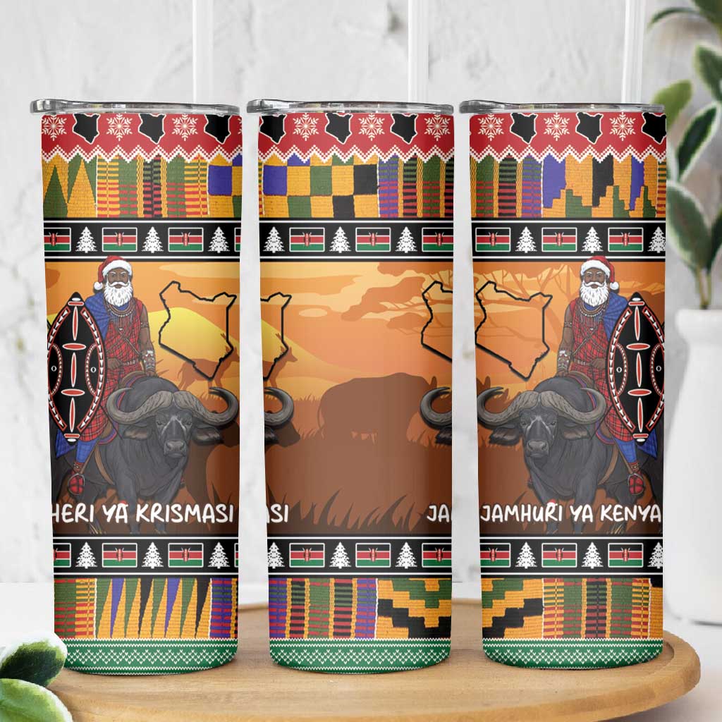 Afro Christmas in Kenya Safari Skinny Tumbler Black Santa Riding Cape Buffalo LT15