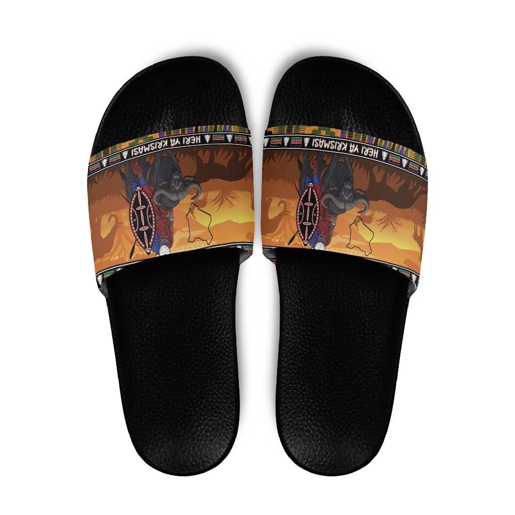 Kenya Safari Christmas Slide Sandals Black Santa Riding Cape Buffalo - Heri ya Krismasi LT15