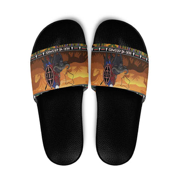 Kenya Safari Christmas Slide Sandals Black Santa Riding Cape Buffalo - Heri ya Krismasi LT15