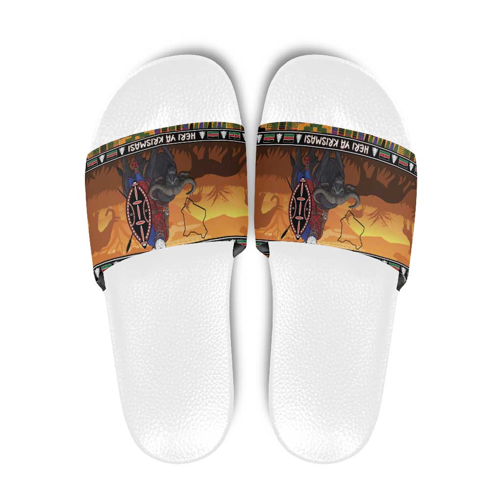 Kenya Safari Christmas Slide Sandals Black Santa Riding Cape Buffalo - Heri ya Krismasi LT15