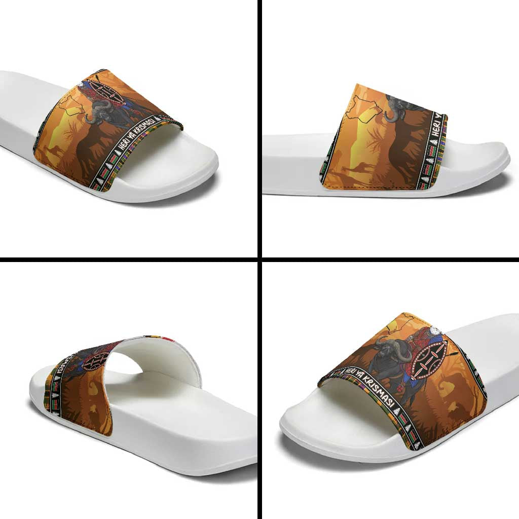 Kenya Safari Christmas Slide Sandals Black Santa Riding Cape Buffalo - Heri ya Krismasi LT15