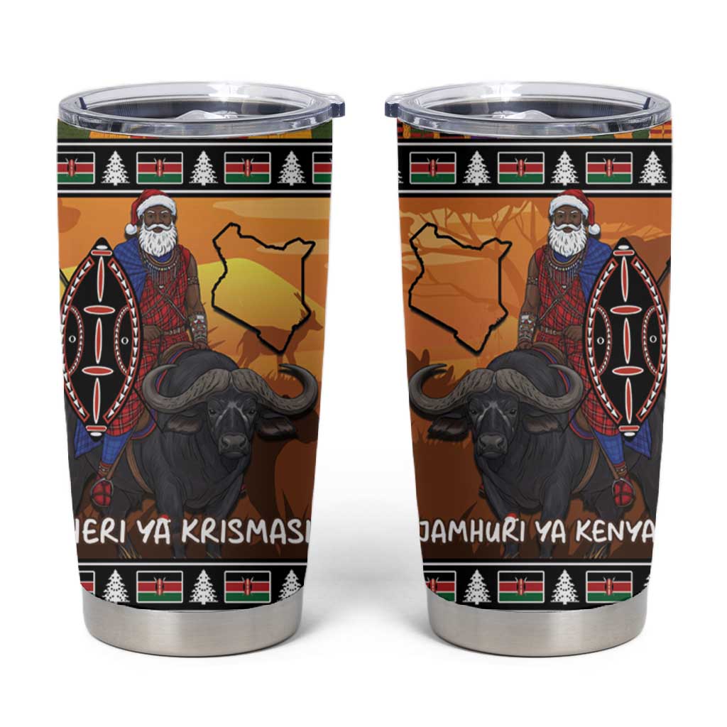 Afro Christmas in Kenya Safari Tumbler Cup Black Santa Riding Cape Buffalo LT15