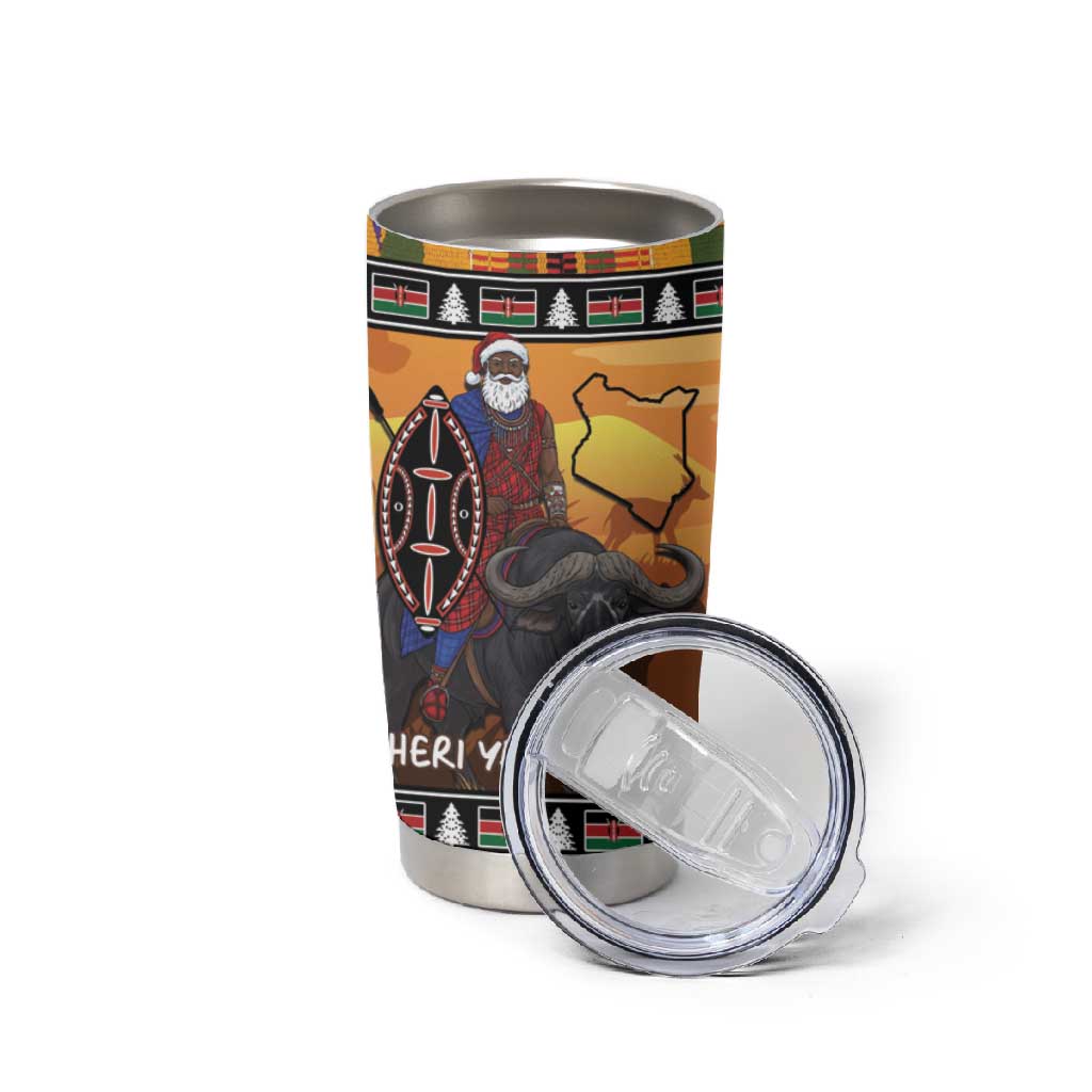 Afro Christmas in Kenya Safari Tumbler Cup Black Santa Riding Cape Buffalo LT15