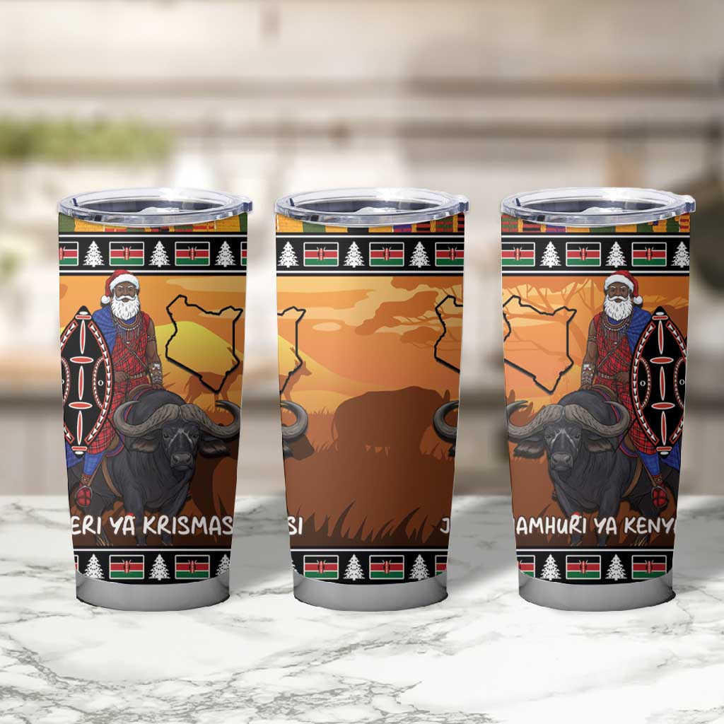 Afro Christmas in Kenya Safari Tumbler Cup Black Santa Riding Cape Buffalo LT15