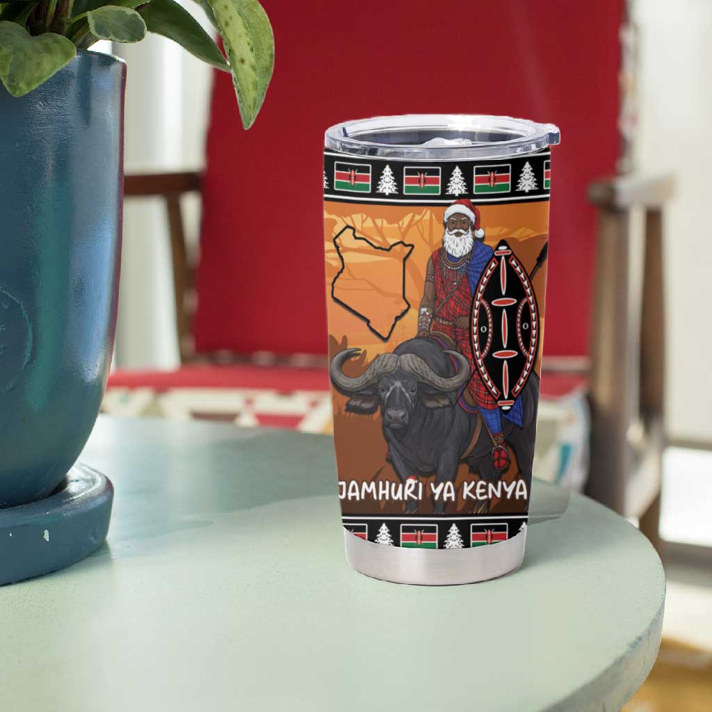 Afro Christmas in Kenya Safari Tumbler Cup Black Santa Riding Cape Buffalo LT15