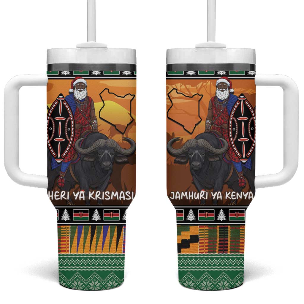 Afro Christmas in Kenya Safari Tumbler With Handle Black Santa Riding Cape Buffalo LT15