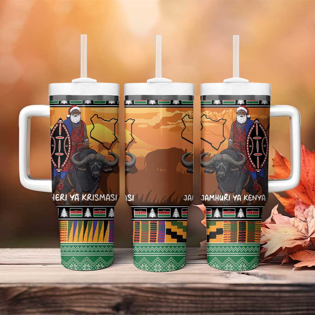Afro Christmas in Kenya Safari Tumbler With Handle Black Santa Riding Cape Buffalo LT15