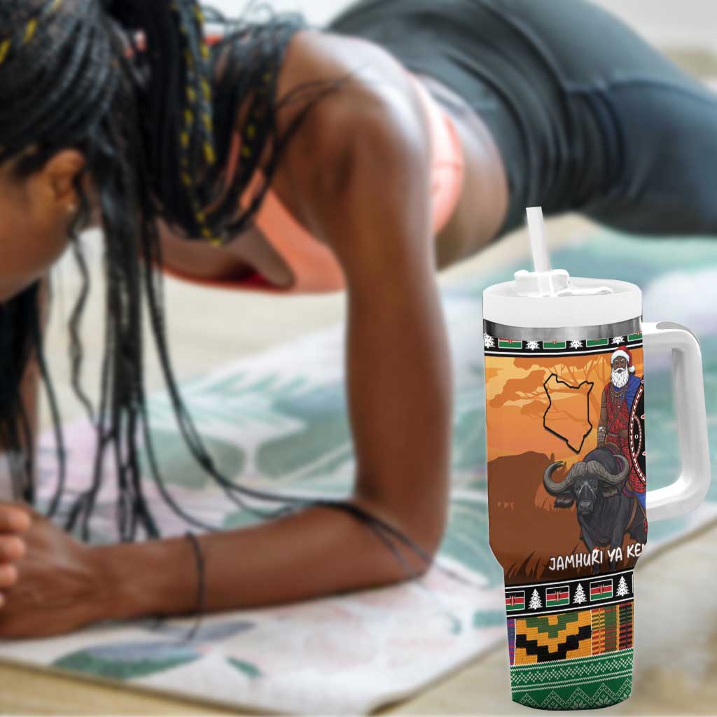 Afro Christmas in Kenya Safari Tumbler With Handle Black Santa Riding Cape Buffalo LT15