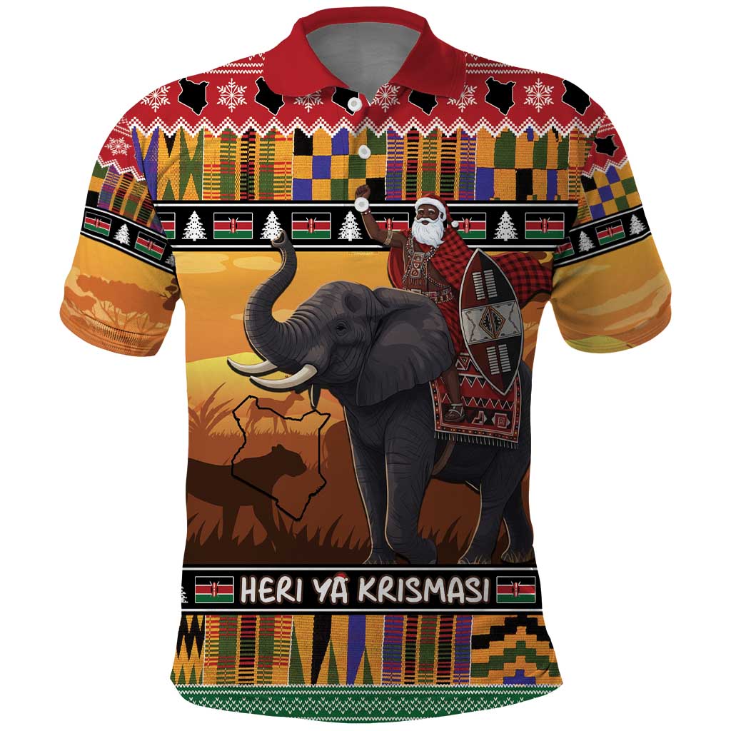 Kenya Safari Christmas Polo Shirt Black Santa Riding Elephant - Heri ya Krismasi LT15