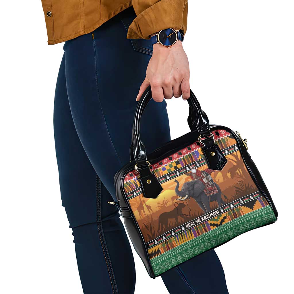 Kenya Safari Christmas Shoulder Handbag Black Santa Riding Elephant - Heri ya Krismasi LT15