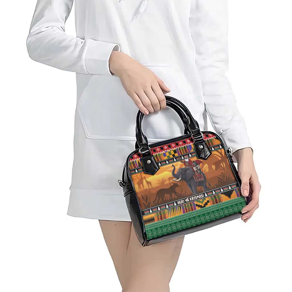 Kenya Safari Christmas Shoulder Handbag Black Santa Riding Elephant - Heri ya Krismasi LT15