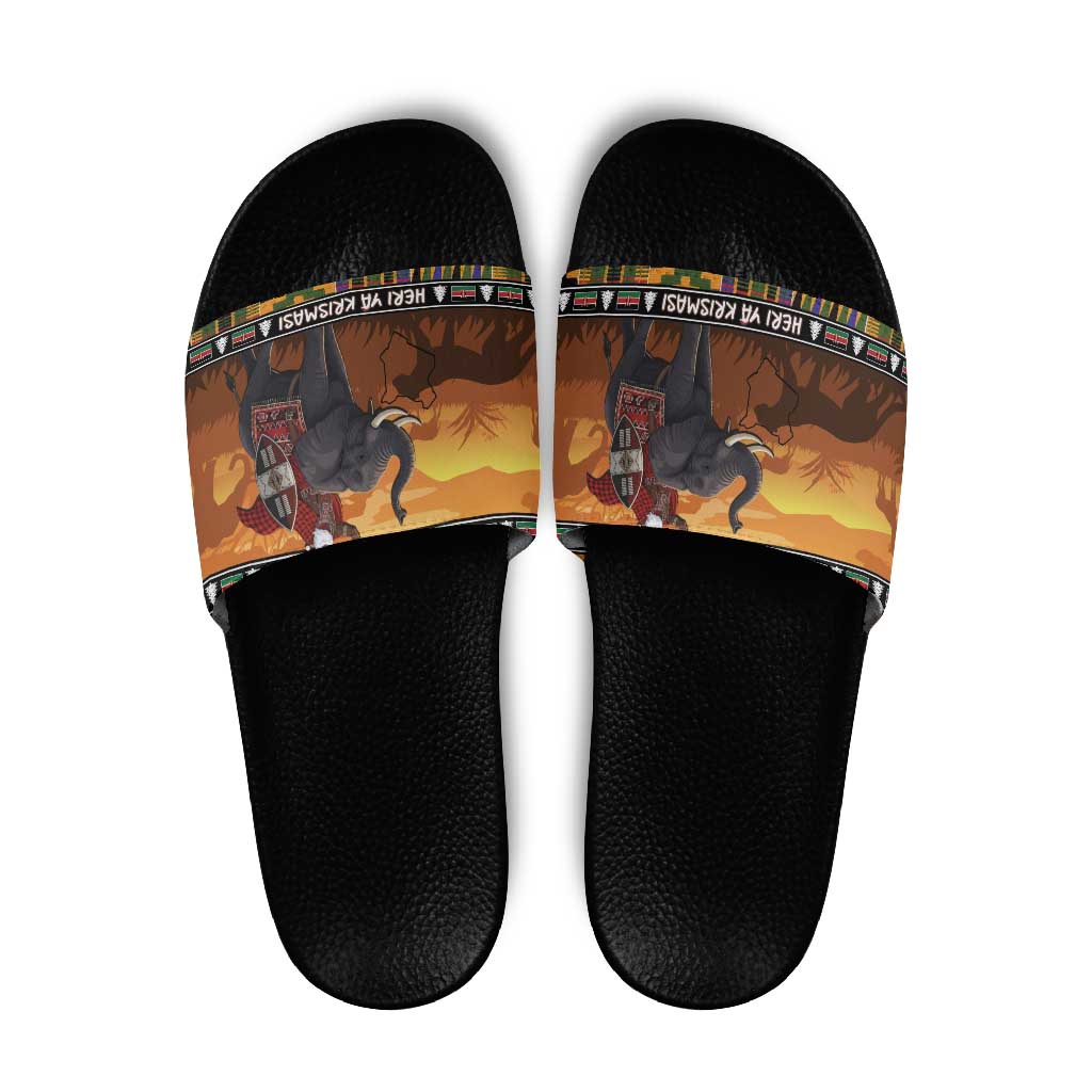 Kenya Safari Christmas Slide Sandals Black Santa Riding Elephant - Heri ya Krismasi LT15