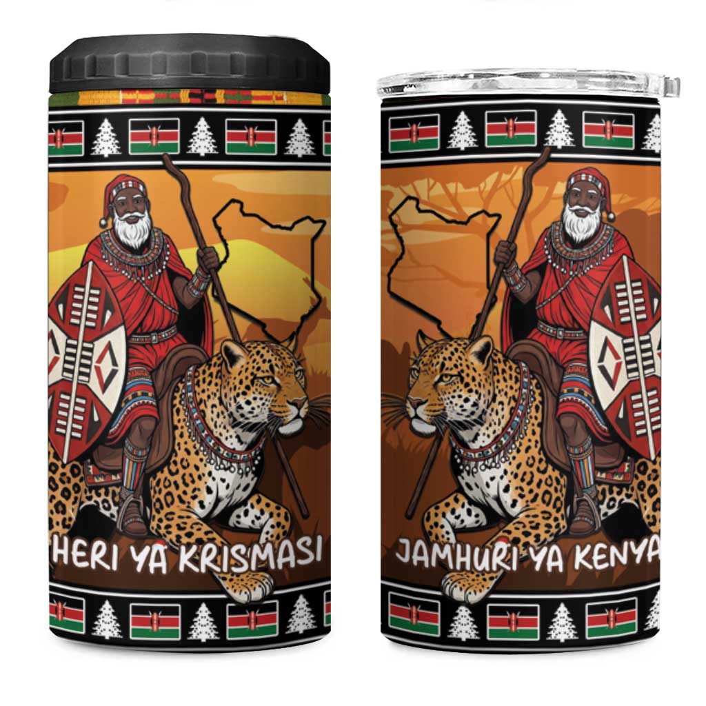 Afro Christmas in Kenya Safari 4 in 1 Can Cooler Tumbler Black Santa Riding Leopards LT15