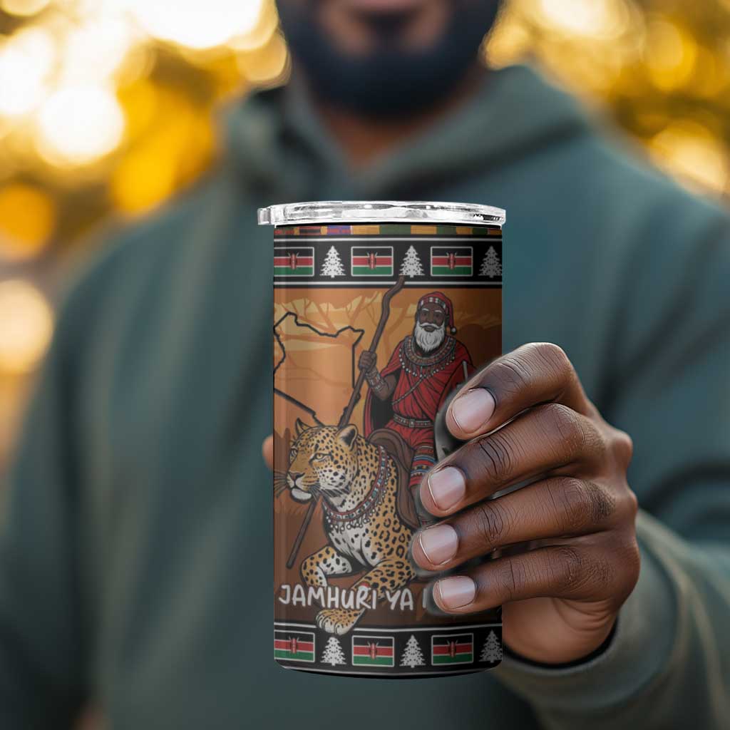 Afro Christmas in Kenya Safari 4 in 1 Can Cooler Tumbler Black Santa Riding Leopards LT15