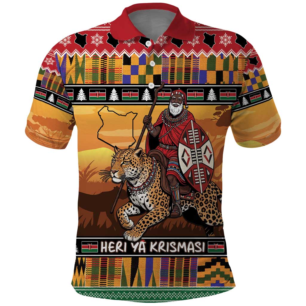 Kenya Safari Christmas Polo Shirt Black Santa Riding Leopards - Heri ya Krismasi LT15