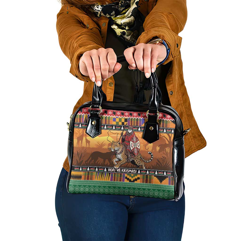 Kenya Safari Christmas Shoulder Handbag Black Santa Riding Leopards - Heri ya Krismasi LT15
