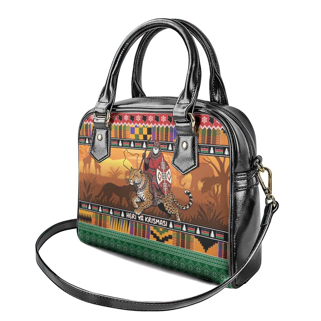 Kenya Safari Christmas Shoulder Handbag Black Santa Riding Leopards - Heri ya Krismasi LT15