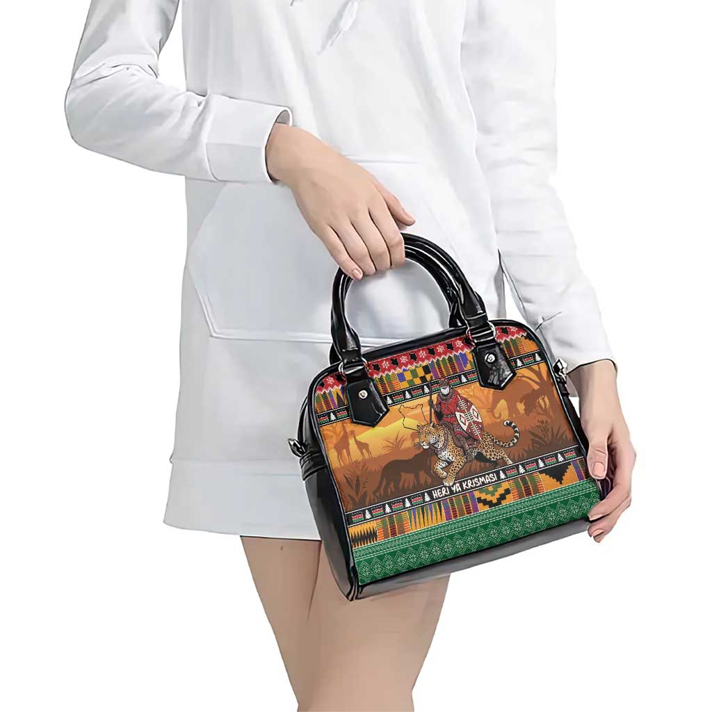 Kenya Safari Christmas Shoulder Handbag Black Santa Riding Leopards - Heri ya Krismasi LT15
