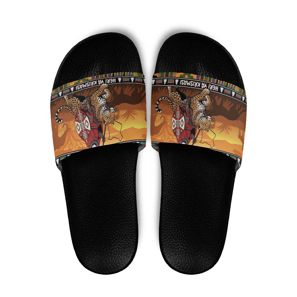 Kenya Safari Christmas Slide Sandals Black Santa Riding Leopards - Heri ya Krismasi LT15