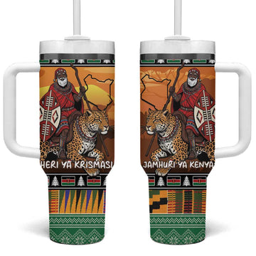 Afro Christmas in Kenya Safari Tumbler With Handle Black Santa Riding Leopards LT15
