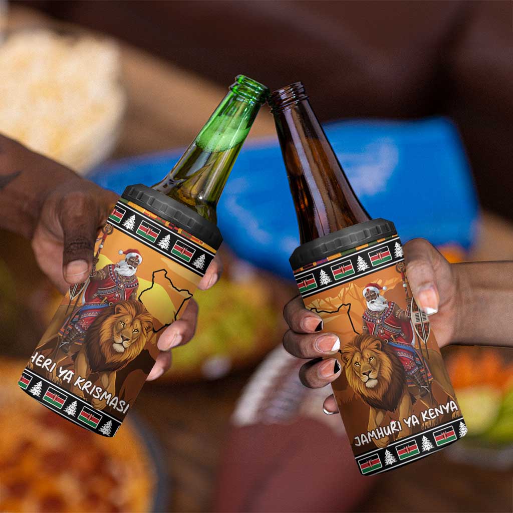 Afro Christmas in Kenya Safari 4 in 1 Can Cooler Tumbler Black Santa Riding Lion LT15