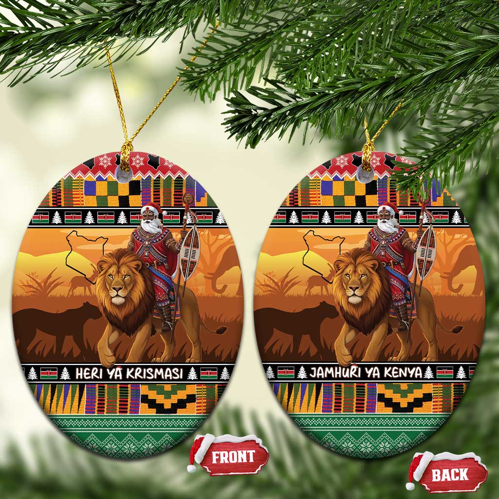 Kenya Safari Christmas Ceramic Ornament Black Santa Riding Lion - Heri ya Krismasi LT15