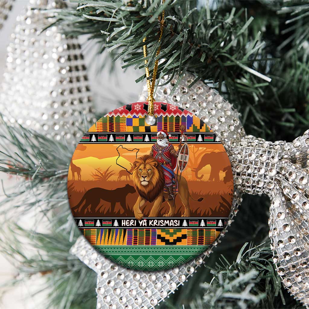 Kenya Safari Christmas Ceramic Ornament Black Santa Riding Lion - Heri ya Krismasi LT15