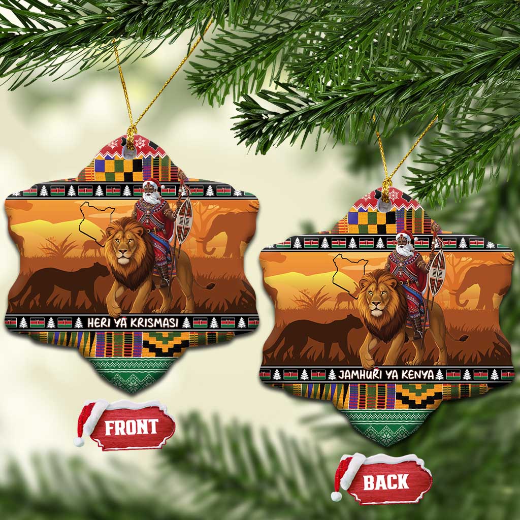 Kenya Safari Christmas Ceramic Ornament Black Santa Riding Lion - Heri ya Krismasi LT15