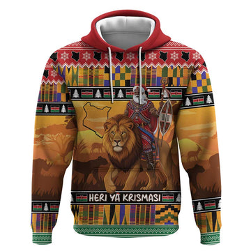 Kenya Safari Christmas Hoodie Black Santa Riding Lion - Heri ya Krismasi LT15