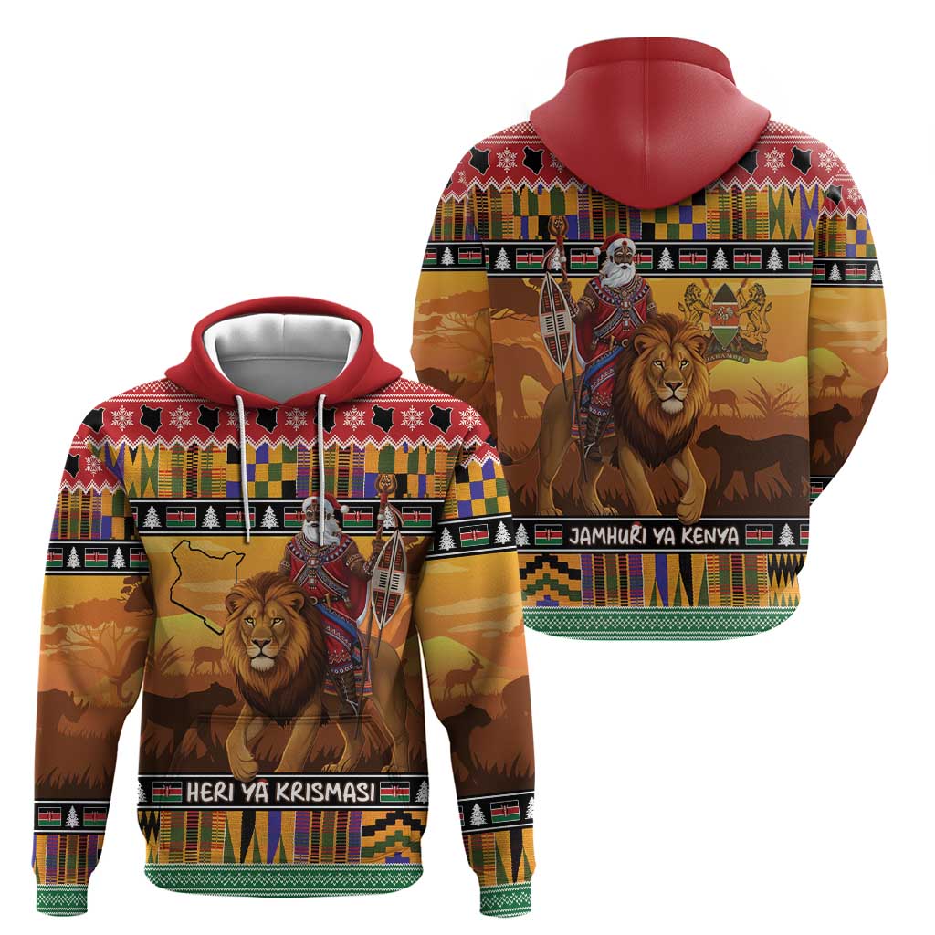 Kenya Safari Christmas Hoodie Black Santa Riding Lion - Heri ya Krismasi LT15