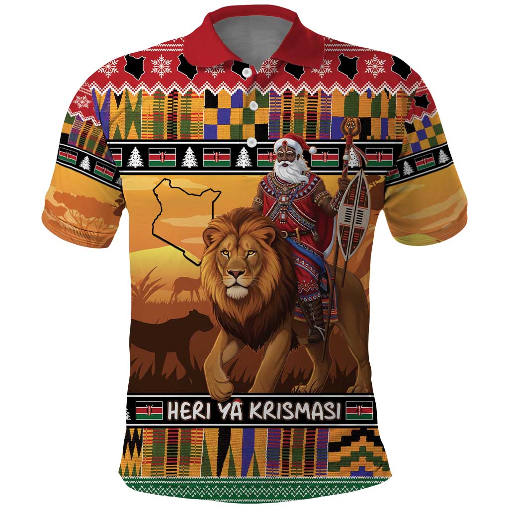 Kenya Safari Christmas Polo Shirt Black Santa Riding Lion - Heri ya Krismasi LT15