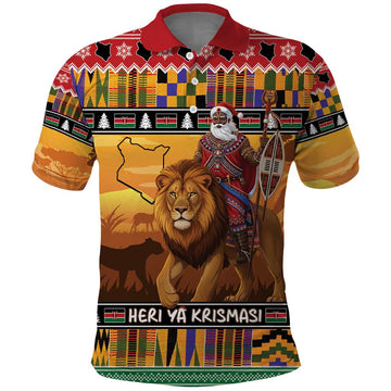 Kenya Safari Christmas Polo Shirt Black Santa Riding Lion - Heri ya Krismasi LT15