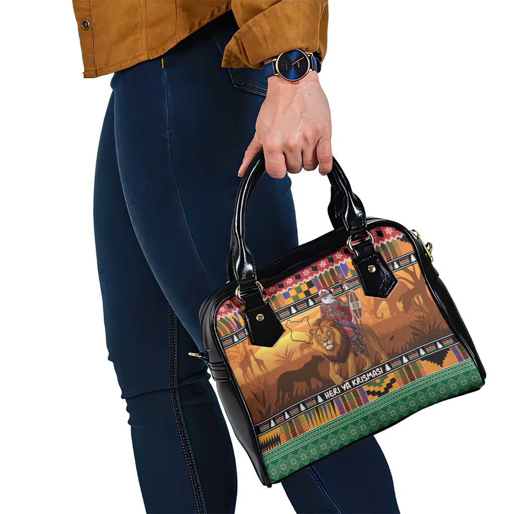 Kenya Safari Christmas Shoulder Handbag Black Santa Riding Lion - Heri ya Krismasi LT15