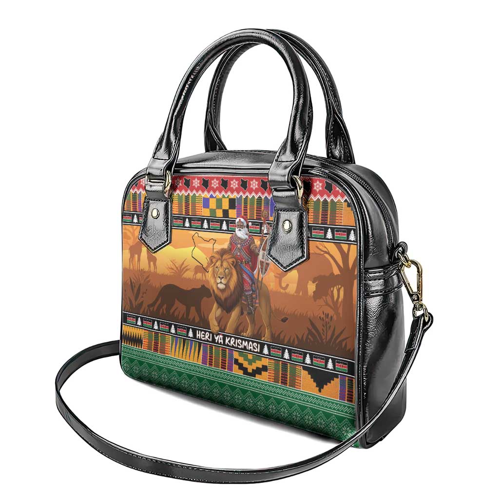 Kenya Safari Christmas Shoulder Handbag Black Santa Riding Lion - Heri ya Krismasi LT15
