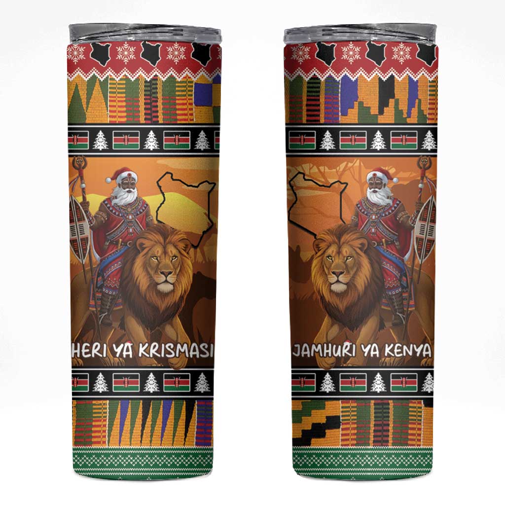 Afro Christmas in Kenya Safari Skinny Tumbler Black Santa Riding Lion LT15