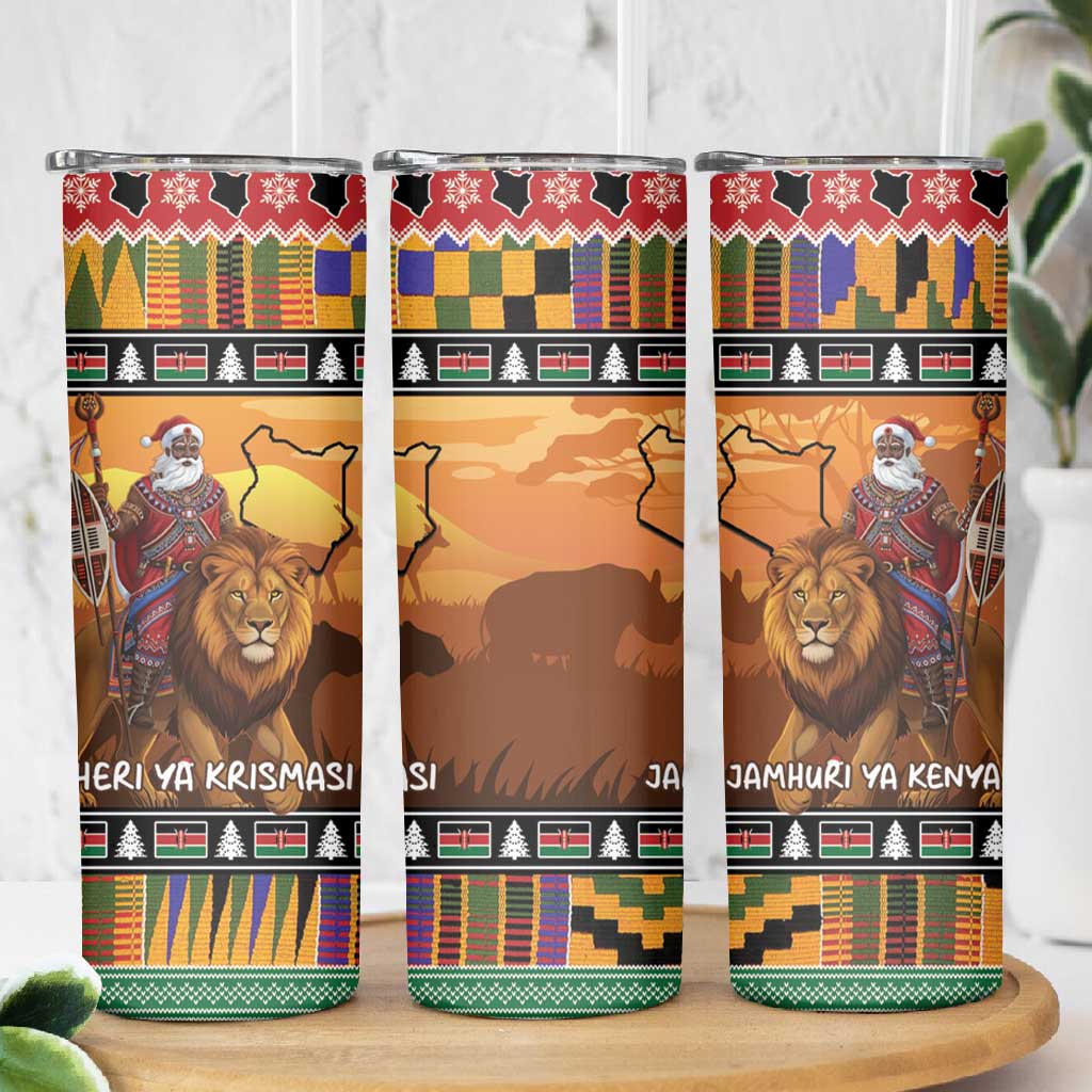Afro Christmas in Kenya Safari Skinny Tumbler Black Santa Riding Lion LT15
