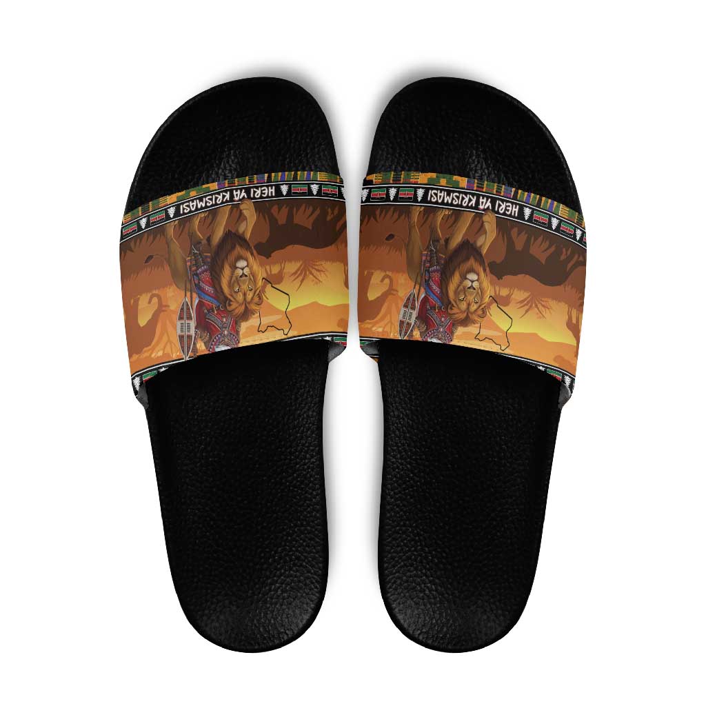 Kenya Safari Christmas Slide Sandals Black Santa Riding Lion - Heri ya Krismasi LT15